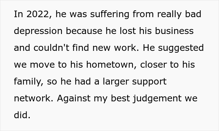 Text discussing husband's depression and move to hometown for support, reflecting marriage struggles.