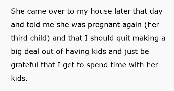 Text exchange about woman refusing to babysit sister's kids after being told not to value motherhood. Text exchange about woman refusing to babysit sister's kids after being told not to value motherhood.
