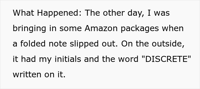 Note left by Amazon driver saying "DISCRETE" with initials, found while bringing in packages.