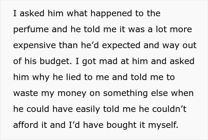 Text on image about a disagreement over a special birthday perfume and budget concerns.