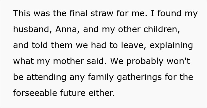 Text screenshot about family tension and decision to avoid future gatherings; discusses criticizing step-granddaughter.