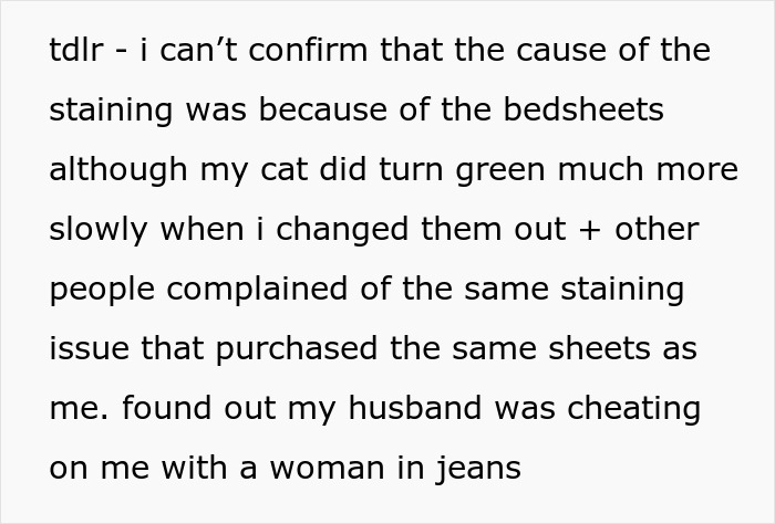 Text from an online user joke about stains supposedly left by a mistress, confirming infidelity.