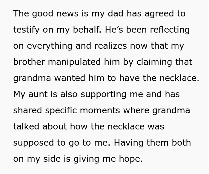 Text detailing family feud over heirloom necklace, highlighting sibling conflict and court involvement.