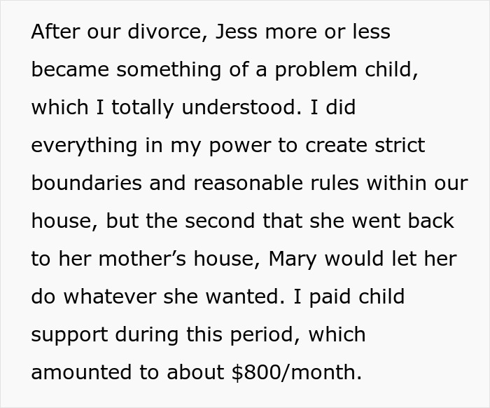 Text describing parental challenges and financial responsibilities after a divorce.