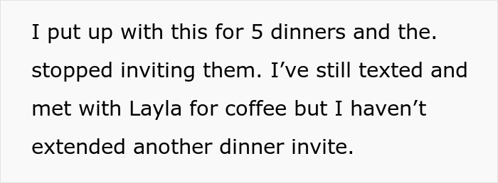 Text screenshot about a couple who stopped inviting someone after food was wasted five times at dinner parties.