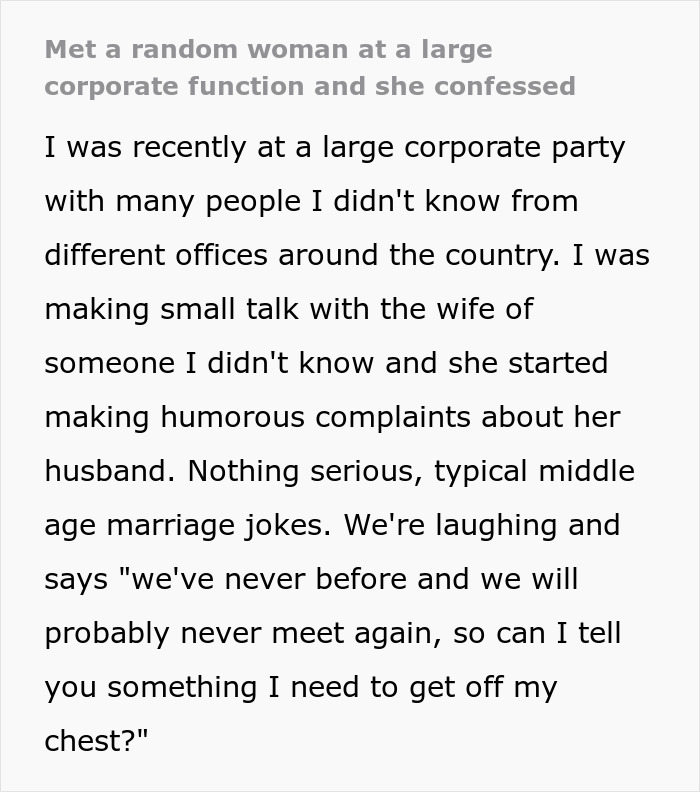 Text describing a stranger at a corporate party, sharing a wife&rsquo;s confession about a secret affair.