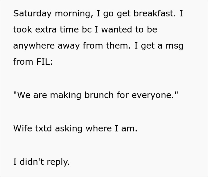 Text message captures in-laws brunch exclusion scenario with a father's message and no response. Text message captures in-laws brunch exclusion scenario with a father's message and no response.