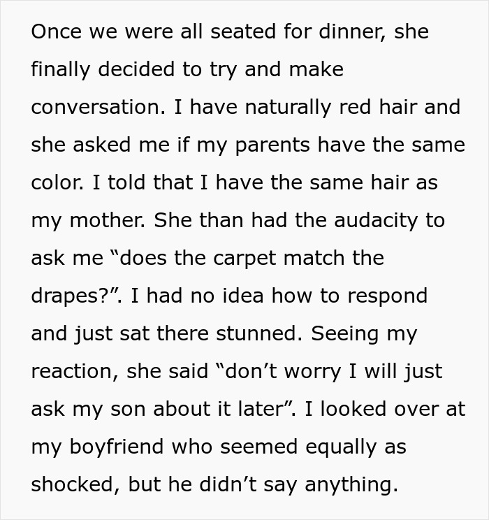 Text snippet discussing a dinner conversation, including a reference to mother's hair color. Text snippet discussing a dinner conversation, including a reference to mother's hair color.