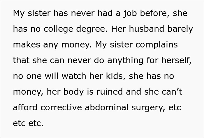Text about a woman expressing frustration at her sister's complaints about motherhood and financial struggles.