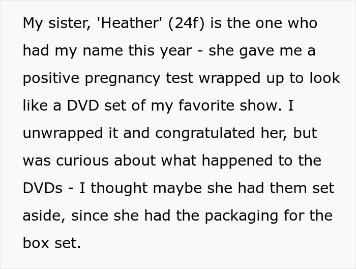 Text excerpt about a sister giving a pregnancy test as a Christmas gift and the brother's confusion. Text excerpt about a sister giving a pregnancy test as a Christmas gift and the brother's confusion.