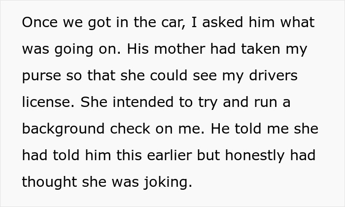 Text about a mother checking a driver's license, mentioning background check, related to family context. Text about a mother checking a driver's license, mentioning background check, related to family context.