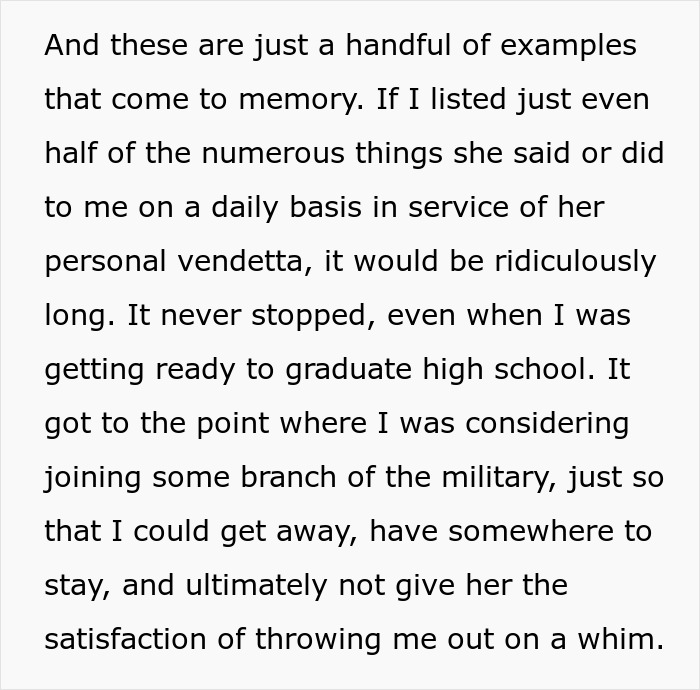 Text describing a woman's past struggles with her stepmother's insults, leading her to consider military enlistment.