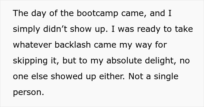 Text excerpt from a story about karma in the workplace featuring a bootcamp event. Text excerpt from a story about karma in the workplace featuring a bootcamp event.