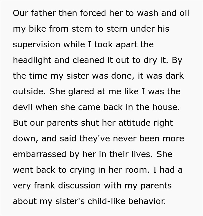 Text recounting a punishment after a sister steals her brother’s bike over a disagreement. Text recounting a punishment after a sister steals her brother’s bike over a disagreement.