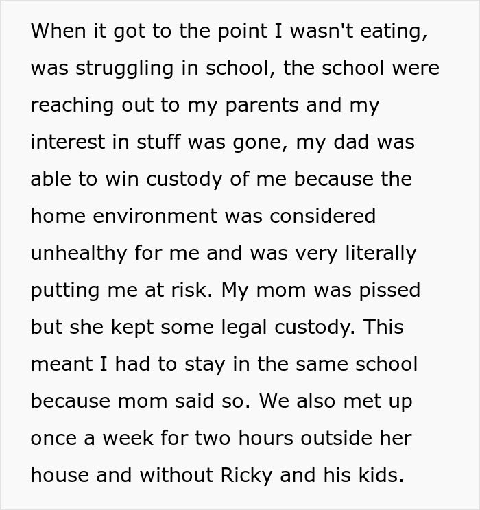 Text excerpt about a teen's experience with bullying by a step-sibling and custody changes.