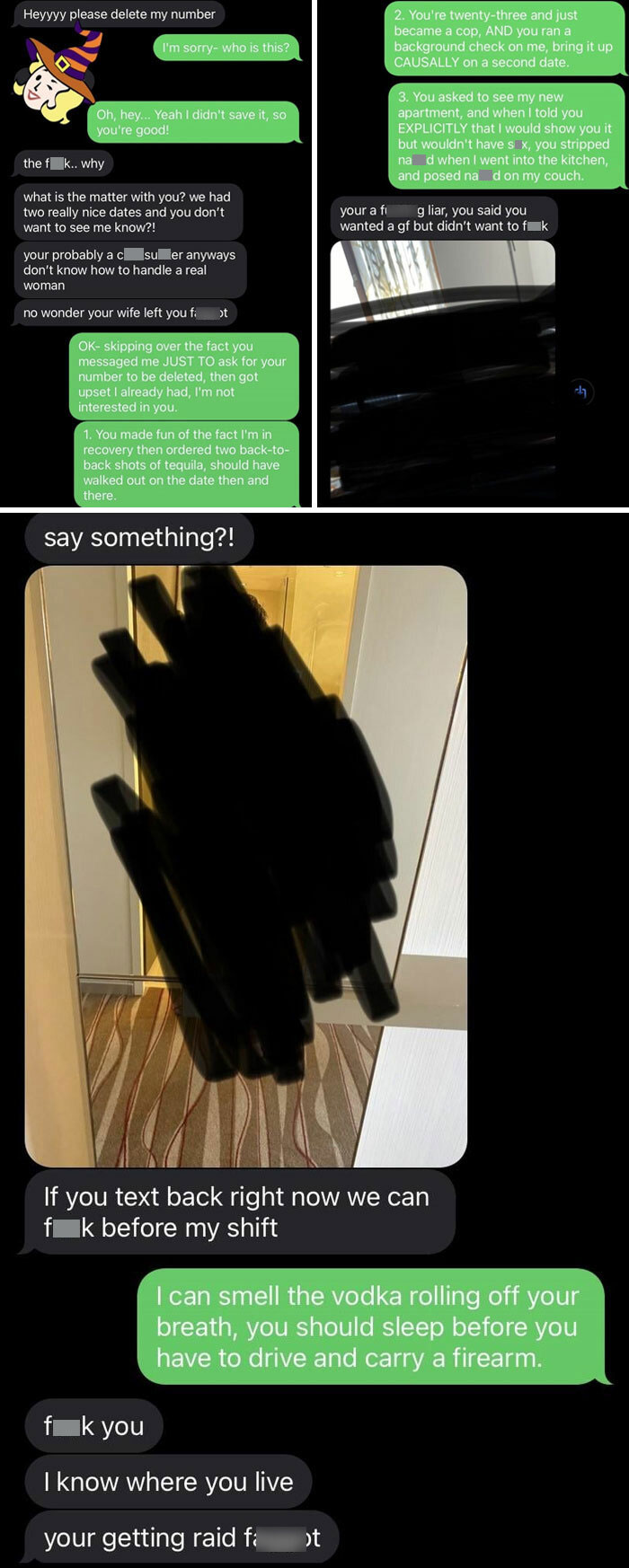 Text conversation showing awkward date moments with escalating tension and misunderstandings.