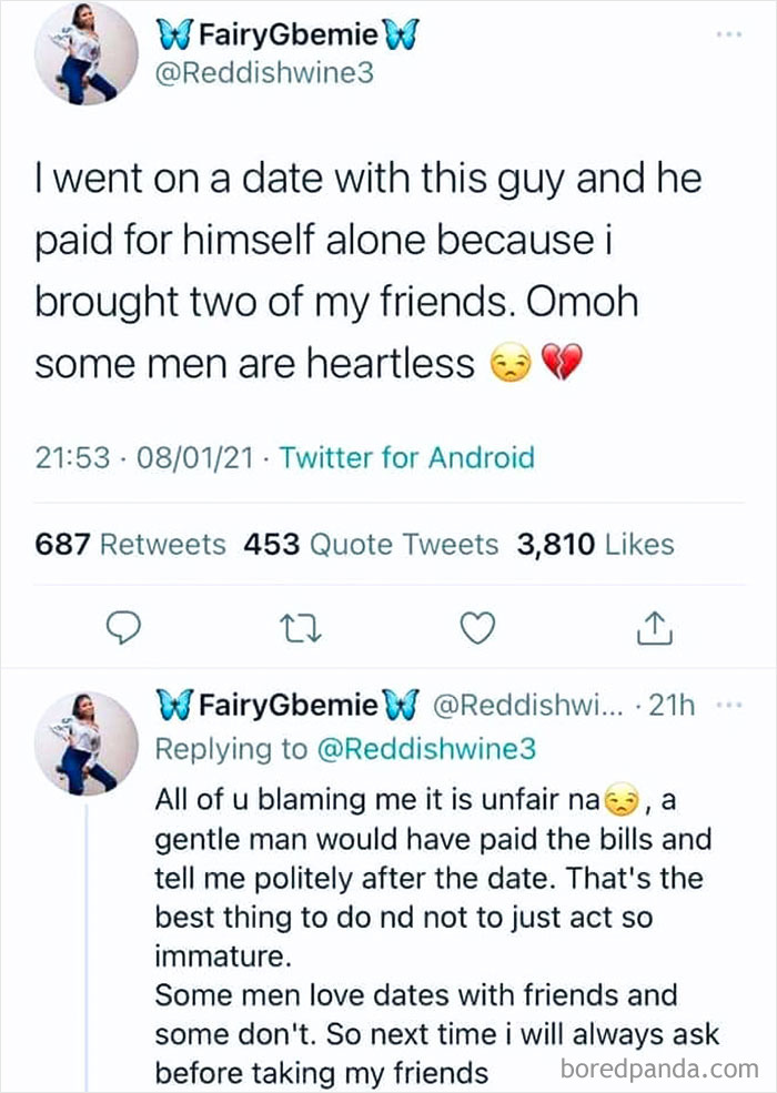 Tweets about awkward date moments with a guy only paying for himself when she brought friends.