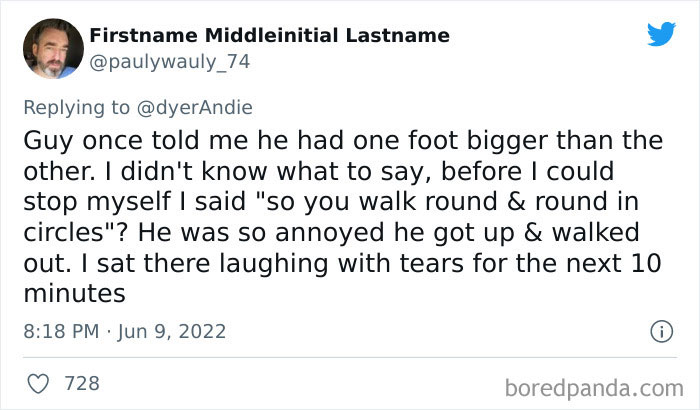 Tweet about awkward date moments with a humorous response to a mismatched foot size confession.