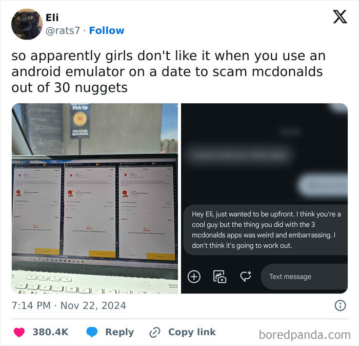 Screenshots of a conversation and app screens showing awkward date moments trying to scam for nuggets.