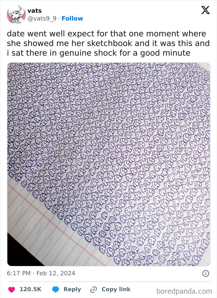 Sketchbook filled with repeated patterns of letters, capturing an awkward date moment.