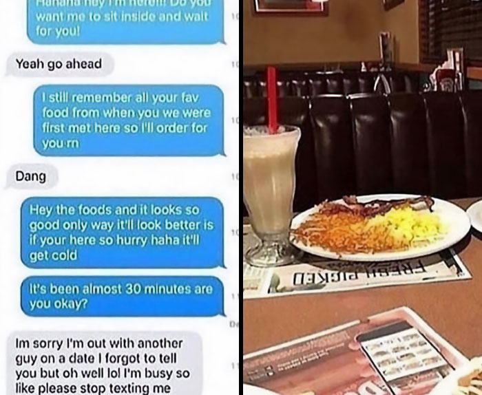 Text conversation showing awkward date moments next to uneaten breakfast and milkshake at a diner table.