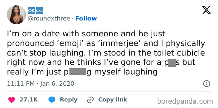 Tweet about a funny language mistake during a date, leading to an awkward moment of uncontrollable laughter.