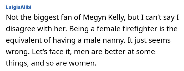Text screenshot discussing Megyn Kelly&rsquo;s comments on female firefighters and gender roles.