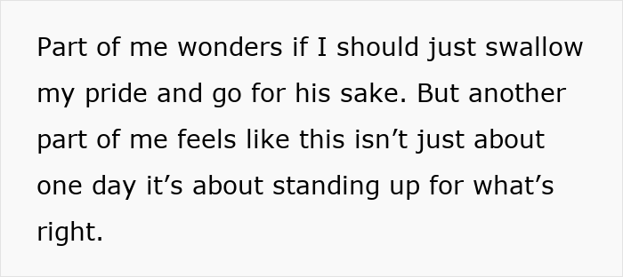 Text expressing internal conflict about pride, attending an event, and standing up for beliefs.