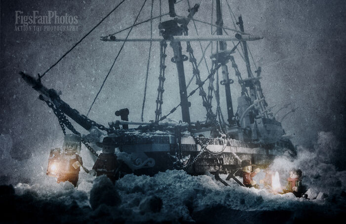 LEGO recreation of the Imperial Trans-Antarctic Expedition with figures and ship in icy, snowy setting.