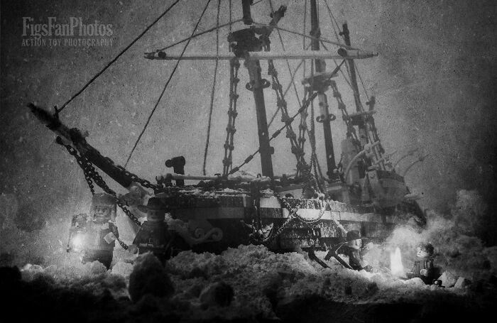 LEGO recreation of the Imperial Trans-Antarctic Expedition ship in icy terrain, captured in black and white.