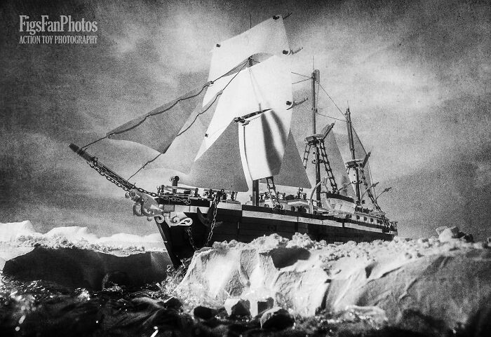 LEGO recreation of a ship from the Imperial Trans-Antarctic Expedition, set against icy terrain.