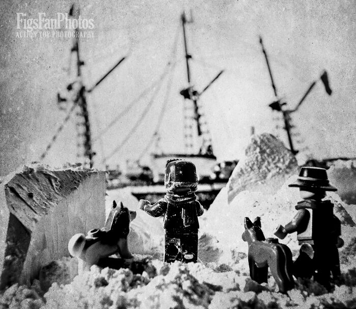 LEGO figures recreate Imperial Trans-Antarctic Expedition scene with ship in icy background.