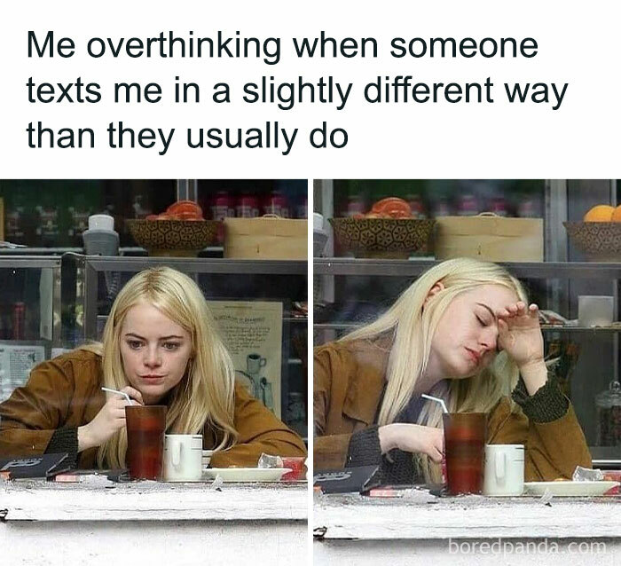 A woman overthinking text messages, reflecting an introvert's reaction.