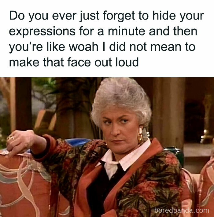 Elderly woman with a deadpan expression, embodying introvert humor in a meme about unintentional facial expressions.
