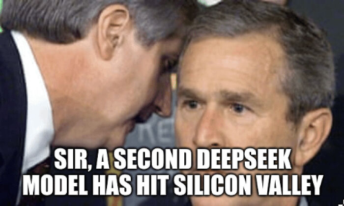 Two men in a serious discussion, with text about DeepSeek's impact on AI chatbots in Silicon Valley.