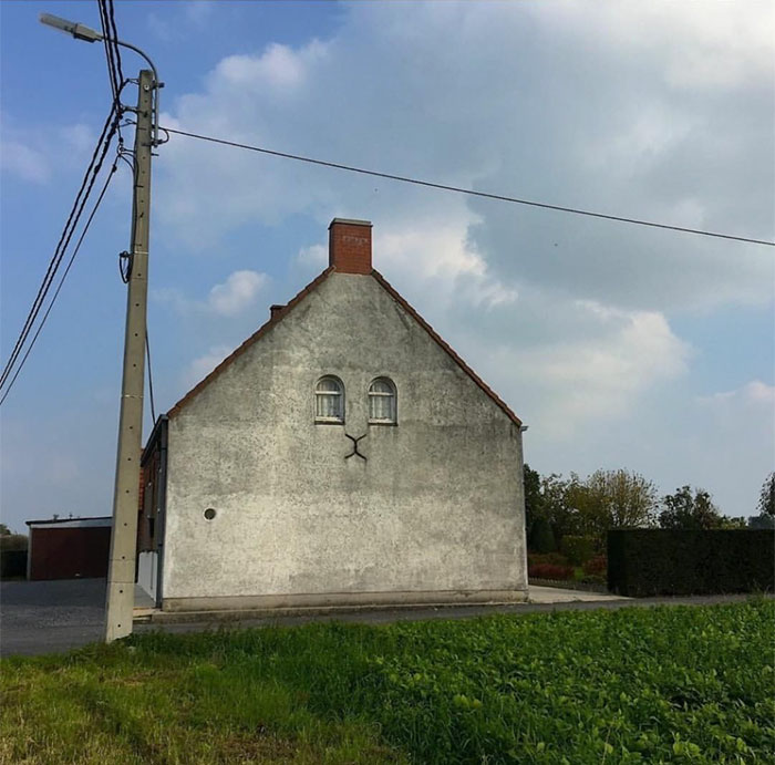 Hilariously bad house design with mismatched windows and chimney, resembling a face, seen from the side.
