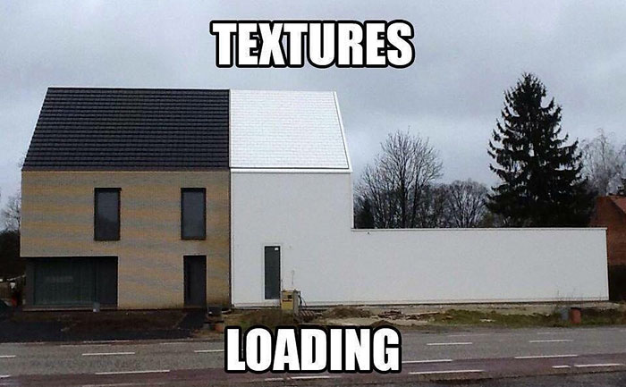 Hilariously bad house with mismatched roof textures and "Textures Loading" text overlay.