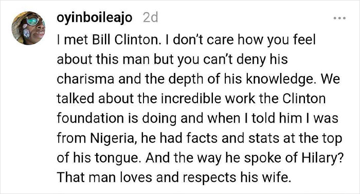 Text describing an encounter with a celebrity, sharing impressions of Bill Clinton's charisma and knowledge.