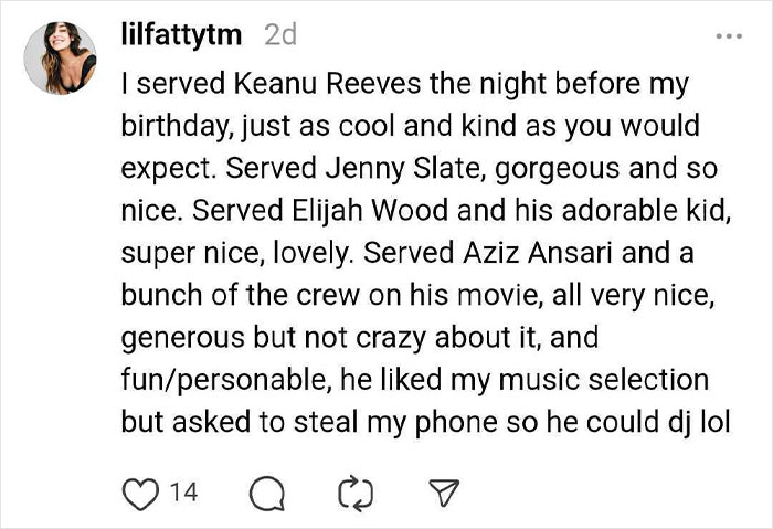 Text post recounting celebrity encounters, highlighting meetings with Keanu Reeves, Jenny Slate, Elijah Wood, and Aziz Ansari.