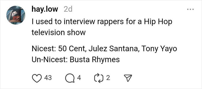 Social media post discussing interview experiences with celebrities, highlighting nicest rappers and one un-nice encounter.