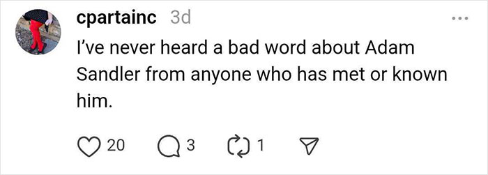 Social media post about a positive experience meeting Adam Sandler.