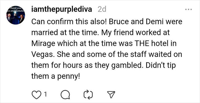 Social media post about a staff experience with celebrities not tipping at a Las Vegas hotel.