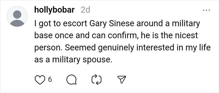 "Social media post sharing a positive experience with a celebrity on a military base."