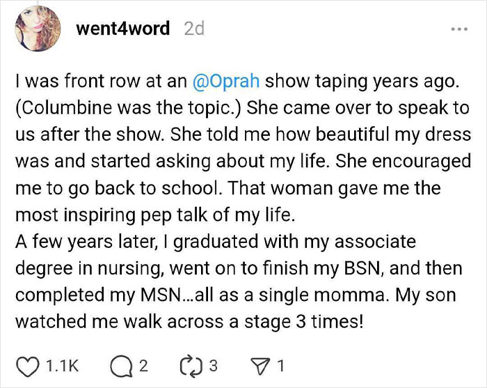 Text post about a person meeting a celebrity, sharing an inspiring story involving Oprah.