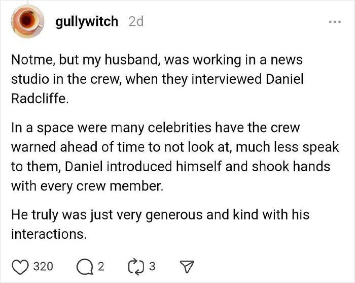 "Story of meeting a celebrity, highlighting a generous encounter with Daniel Radcliffe during a news studio interview."