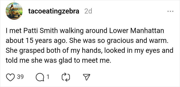 Instagram post sharing a story of meeting a celebrity in Manhattan, describing a warm and gracious encounter.