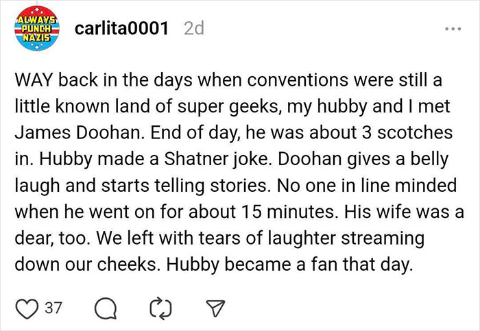 Text post by carlita0001 sharing a fun celebrity encounter story with James Doohan at a convention.