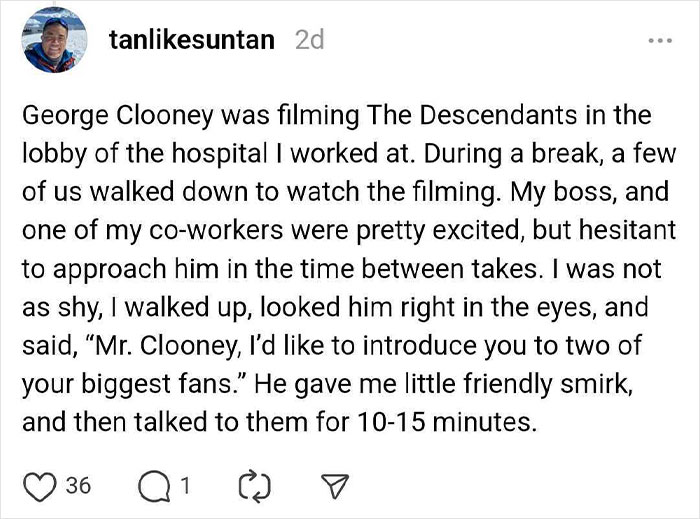 "Person shares story of meeting a celebrity on film set at a hospital, highlighting a friendly encounter."