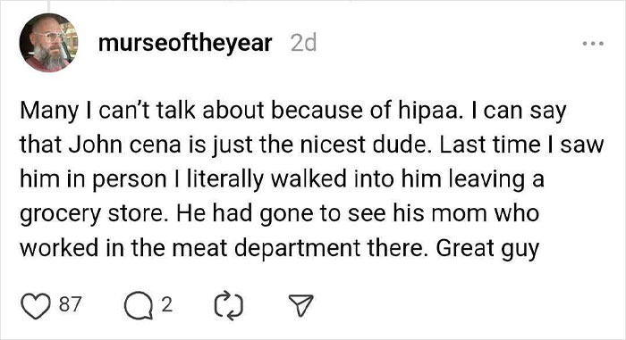 Instagram post sharing a story about meeting a celebrity, highlighting a positive encounter with John Cena.