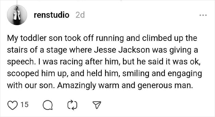 "Story of a warm encounter with celebrity Jesse Jackson during his speech, involving a playful toddler."